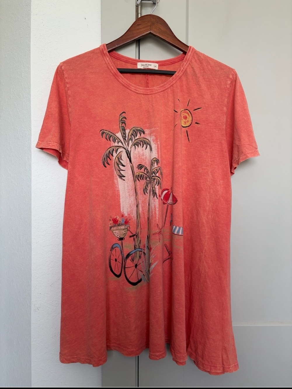 JESS AND JANE GRAPHIC CORAL BEACH PPALM TREE TUNIC TOP WOMENS 1X